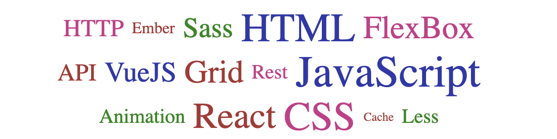 Word cloud with web development terms in different colors