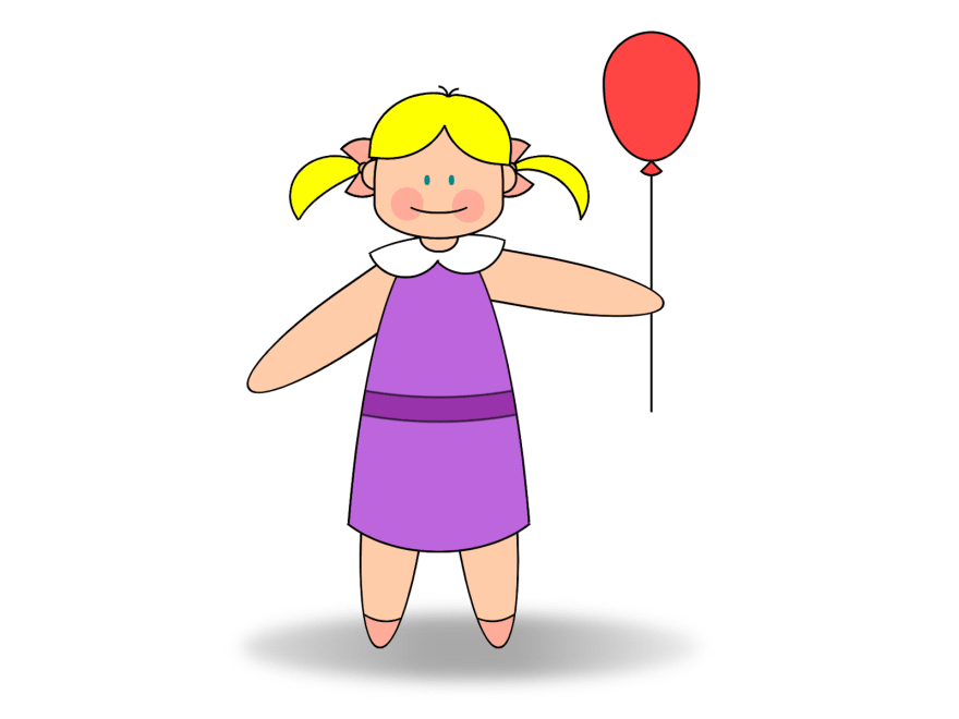 Girl with ponytails, wearing a dress, and holding a balloon