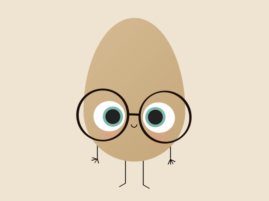 Cartoon of a smiling egg with arms and legs, wearing glasses
