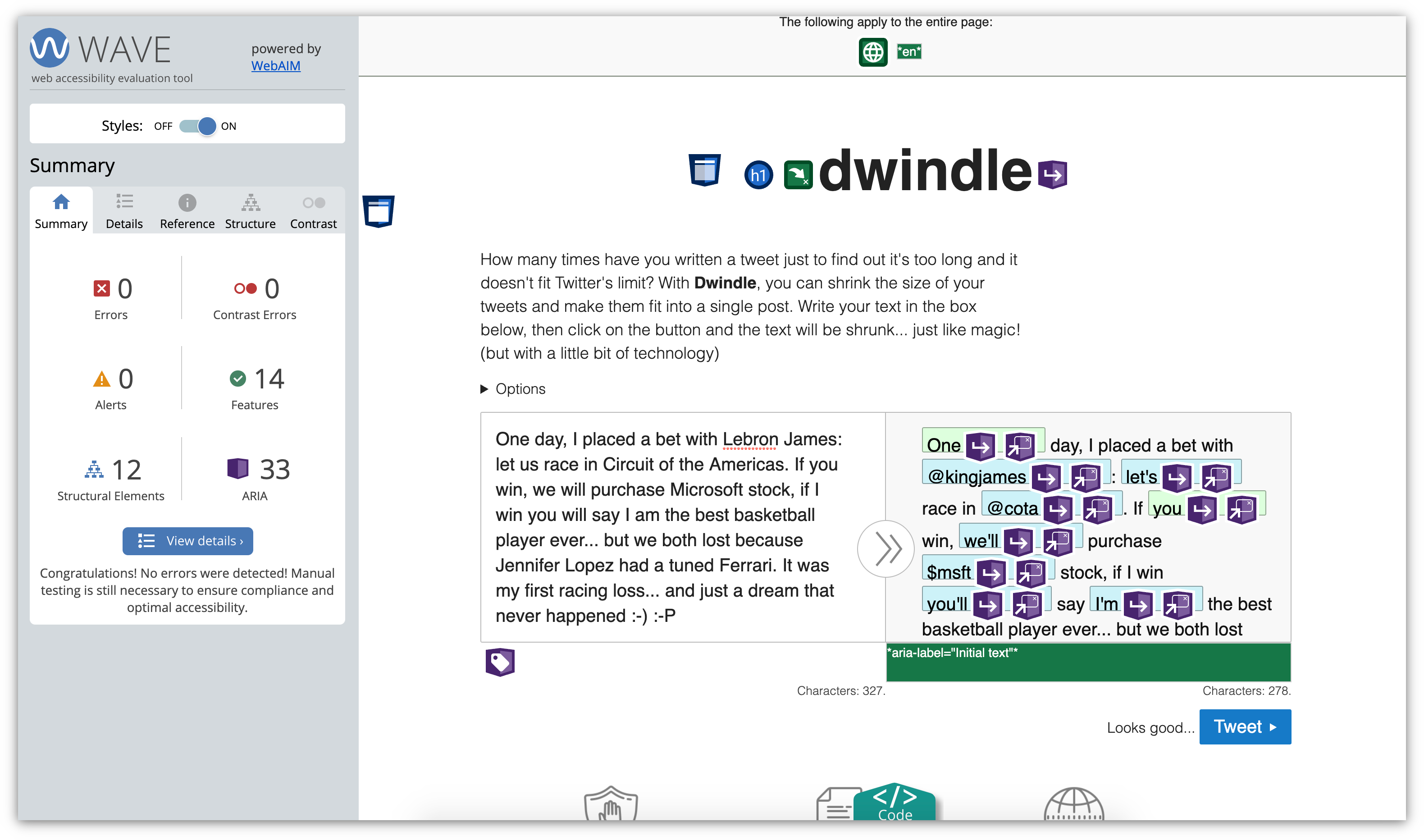 Screenshot of Dwindle showing WebAIM wave results