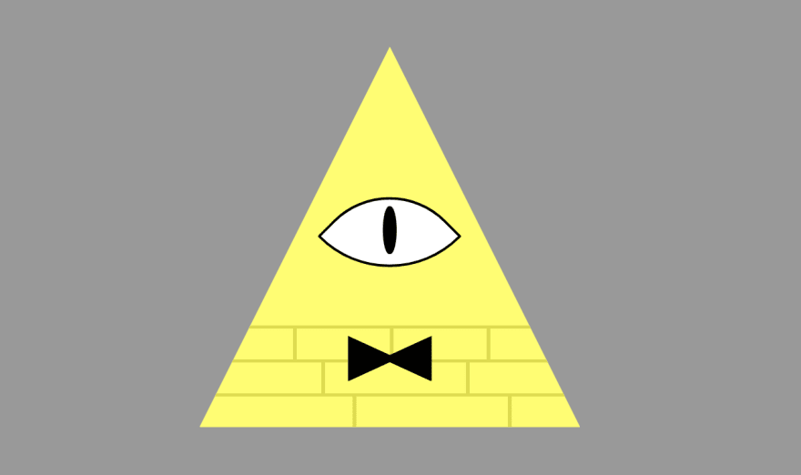 A yellow triangle with a bowtie and a big eye