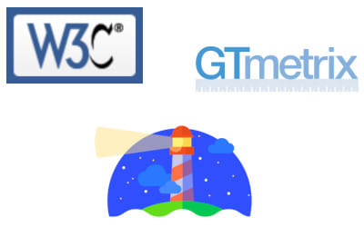 Logos of W3C, GTMetrix, and Lighthouse validators