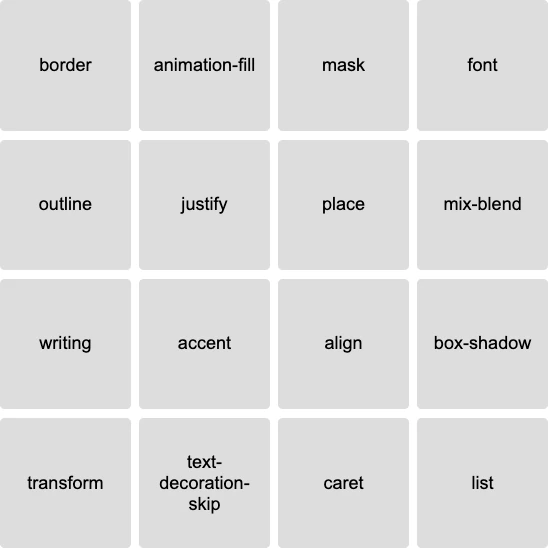 4x4 grid with the terms: border, animation-fill, mask, font, outline, justify, place, mix-blend, writing, accent, align, box-shadow, transform, text-decoration-skip, caret, and list