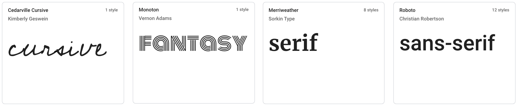 Screenshot with different font types: cursive/script, decorative/fantasy, serif, and sans-serif