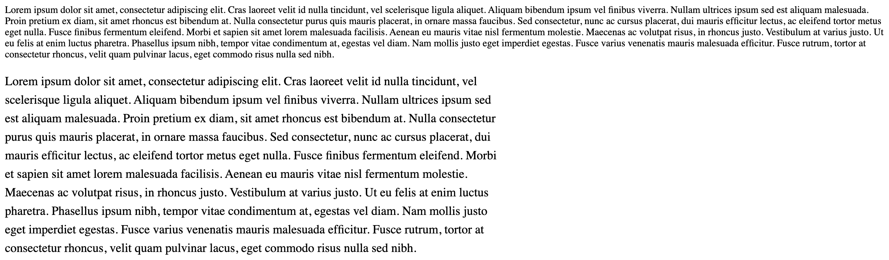 Two paragraphs of Lorem Ipsum, one without styles and another with them
