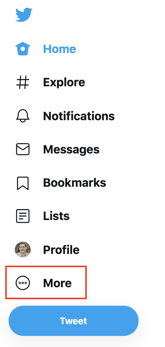 Twitter's left menu navigation with highlighted "More options"