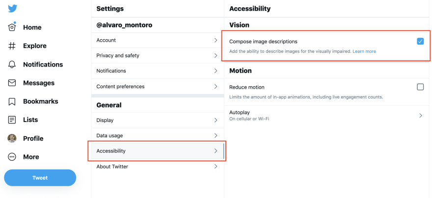 Twitter Accessibility configuration with highlights