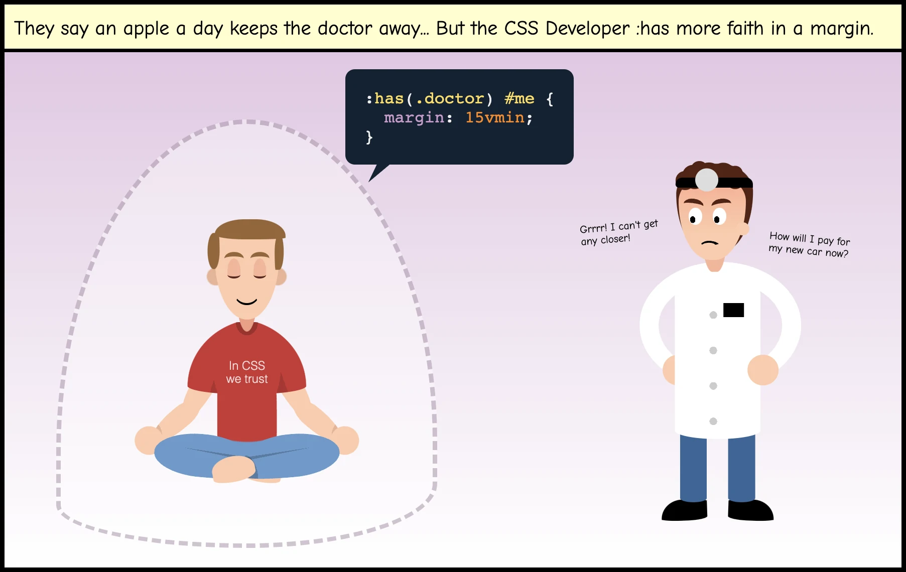 Cartoon with the title 'They say an apple a day keeps the doctor away... but the CSS Developer :has more faith in a margin'. A man doing yoga, his personal space highlighted with a border. There's a bubble with the CSS code: ':has(.doctor) #me { margin: 15vmin; }' And at a distance, there's an angry doctor who can't get closer.