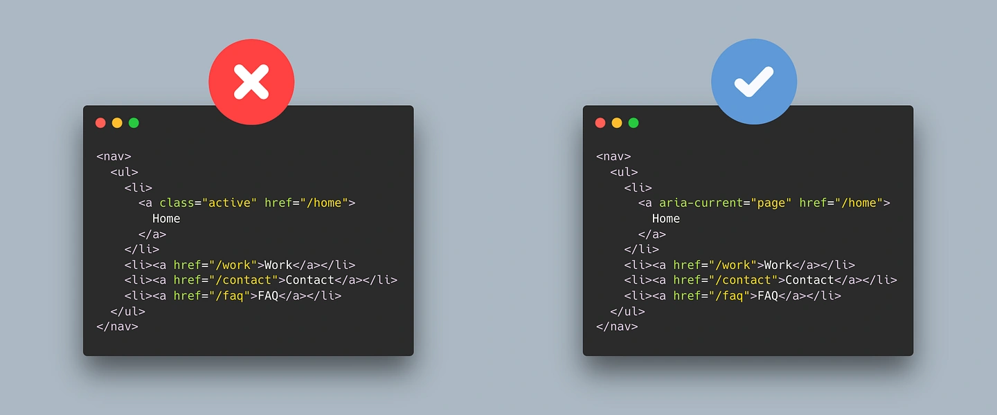 use the aria-current attribute instead of an active class