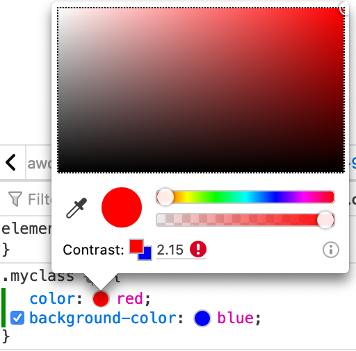 Screenshot of Firefox integrated color contrast tools