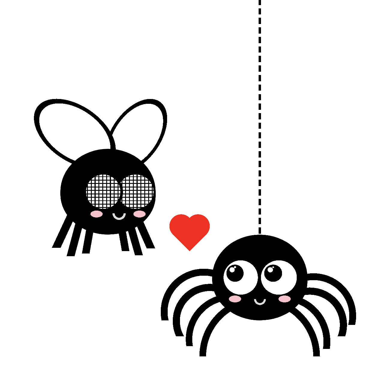 Cartoon of a spider and a fly looking at each other smiling, with a heart between them