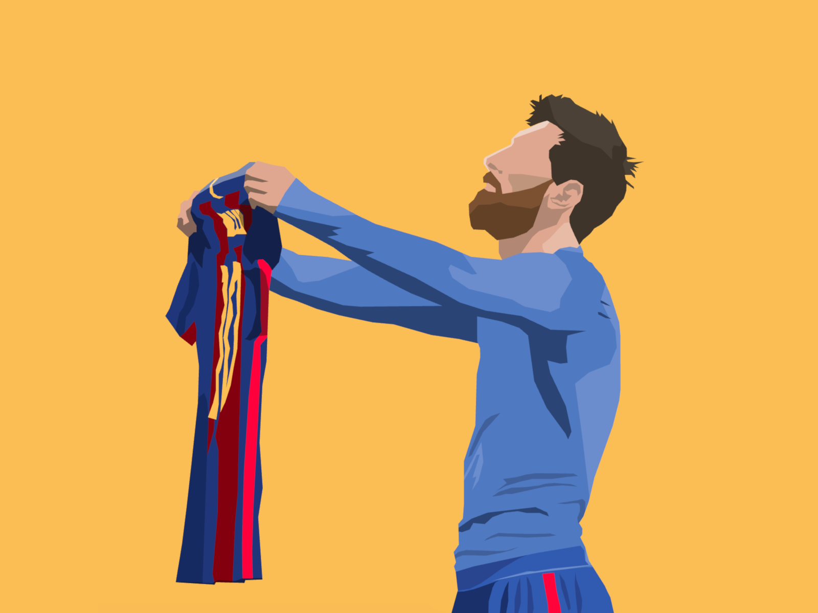 Polygonal cartoon depicting Leo Messi showing his jersey to a non-visible crowd