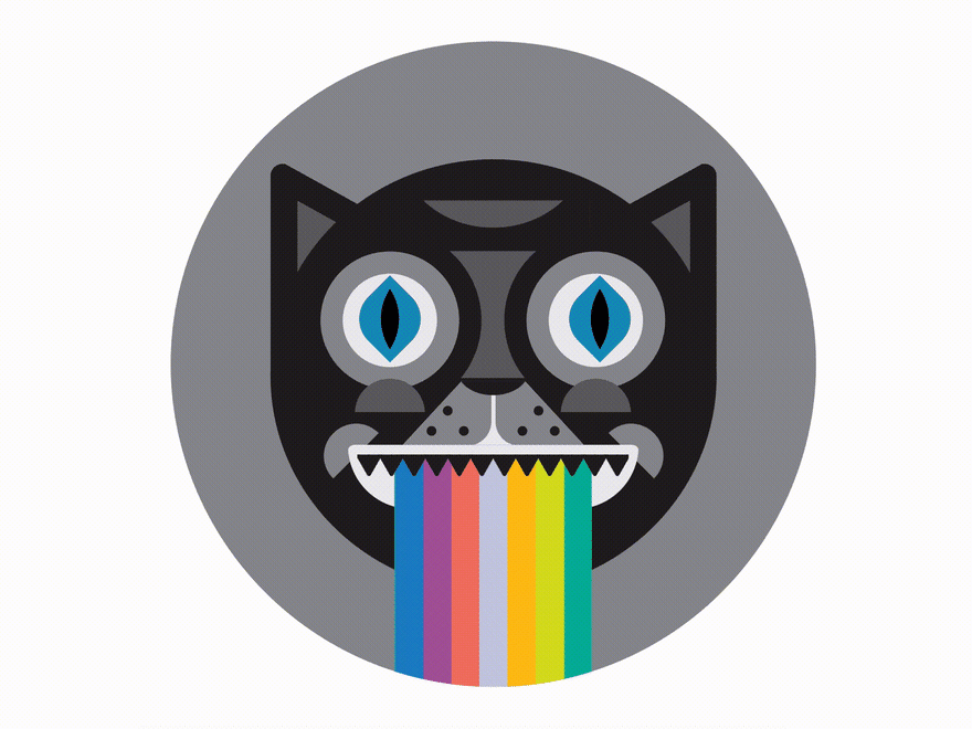 Animation of a cat with a rainbow coming out of its mouth