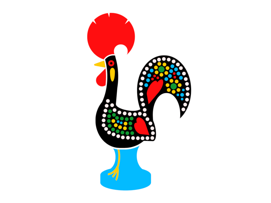 Cartoon of a rooster of Barcelos, a small figure with bright colors that depicts a rooster