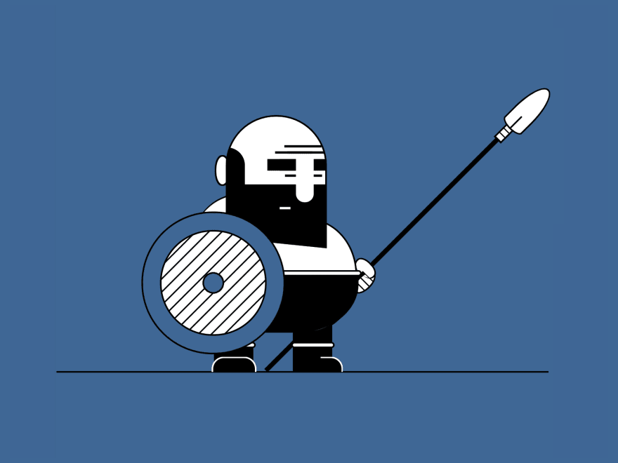 Cartoon showing an ancient bearded warrior holding a shield and a spear