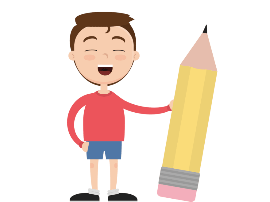 Cartoon of a boy smiling while holding a giant pencil