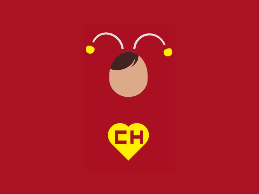 Simple cartoon with  different shapes: a heart with the letters "CH", a rounded area that looks like a face with hair, and two antennas with pompoms at the top