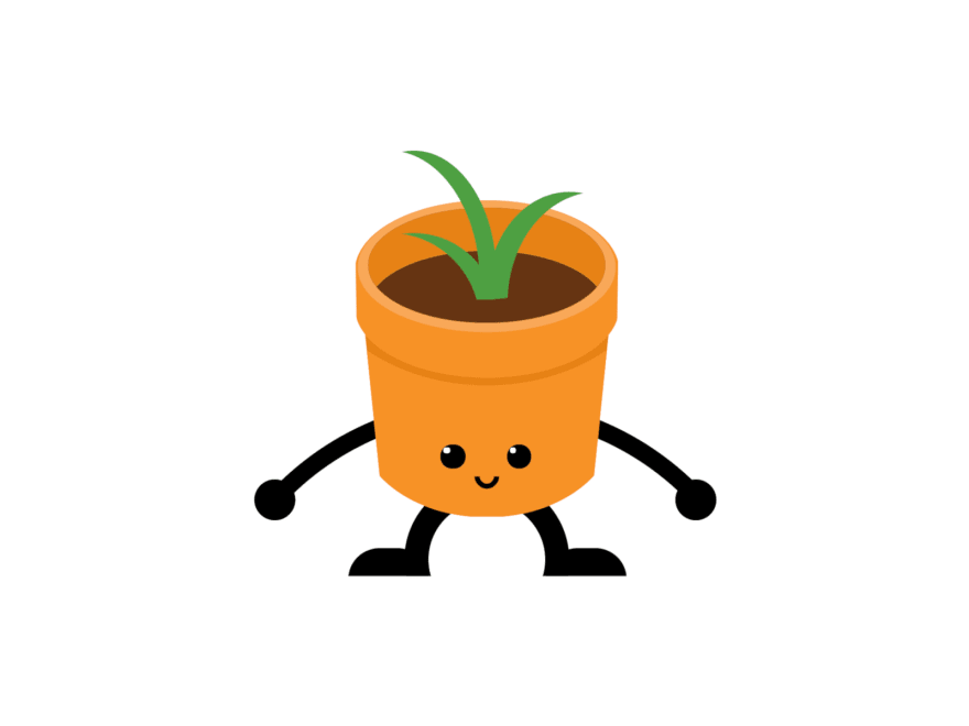 A cartoon of a flower pot with eyes, legs, and arms