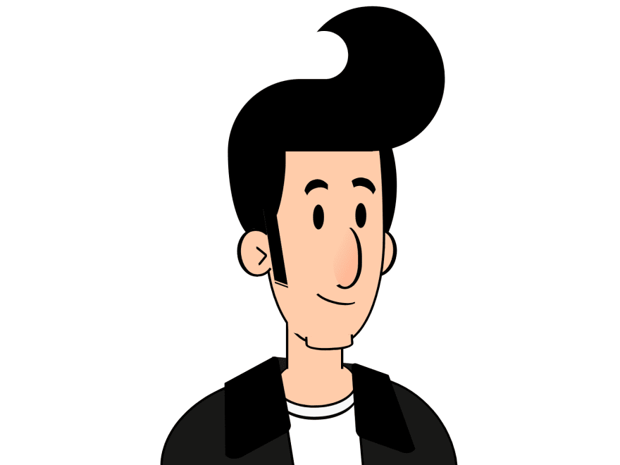 A cartoon of a man with a black leather jacket, a t-shirt, and a big toupe