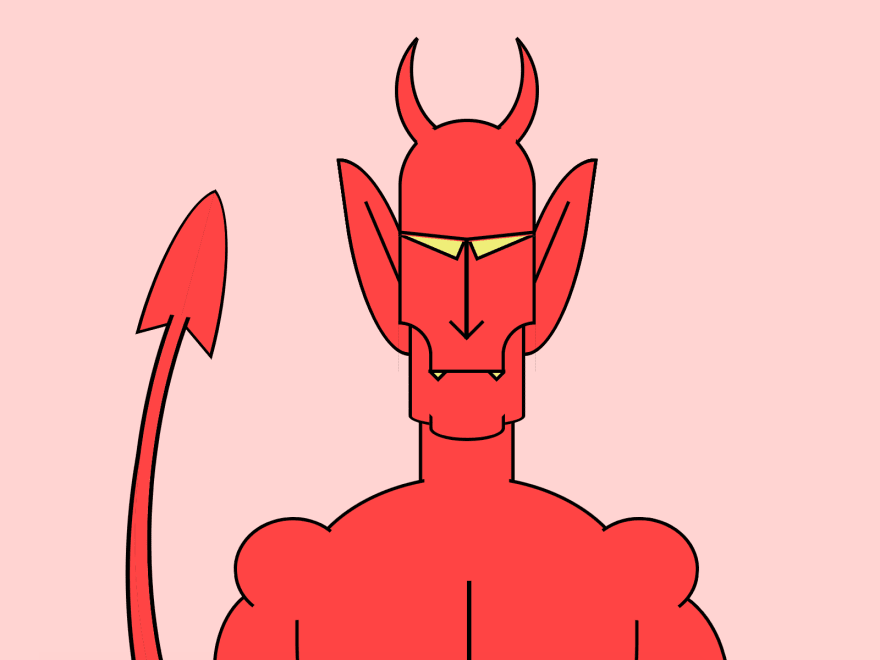 Cartoon depicting the upper body of a red demon with horns, triangular eyes, big muscles, and a tail