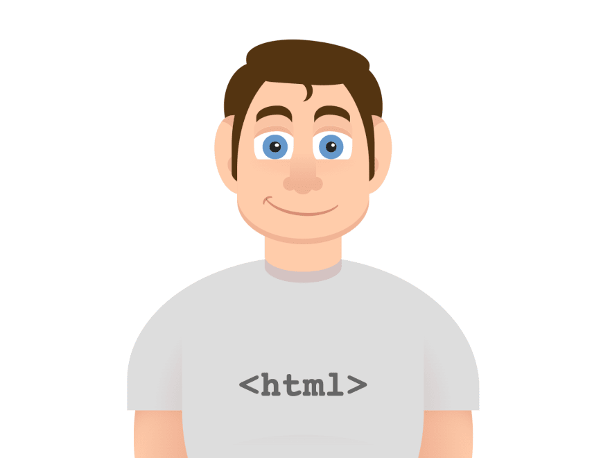 Cartoon of a young person wearing a t-shirt with the text "HTML"