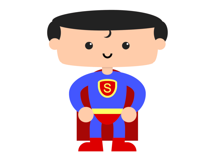 Cartoon of a superman-looking superhero with tights, a cape, and a big logo with an S