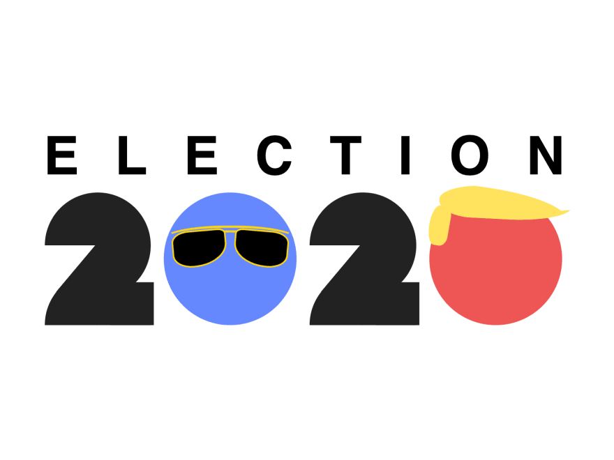 Poster with the words "Election 2020". The first zero is blue with sunglasses on top. The second zero is red with a yellow hair toupe