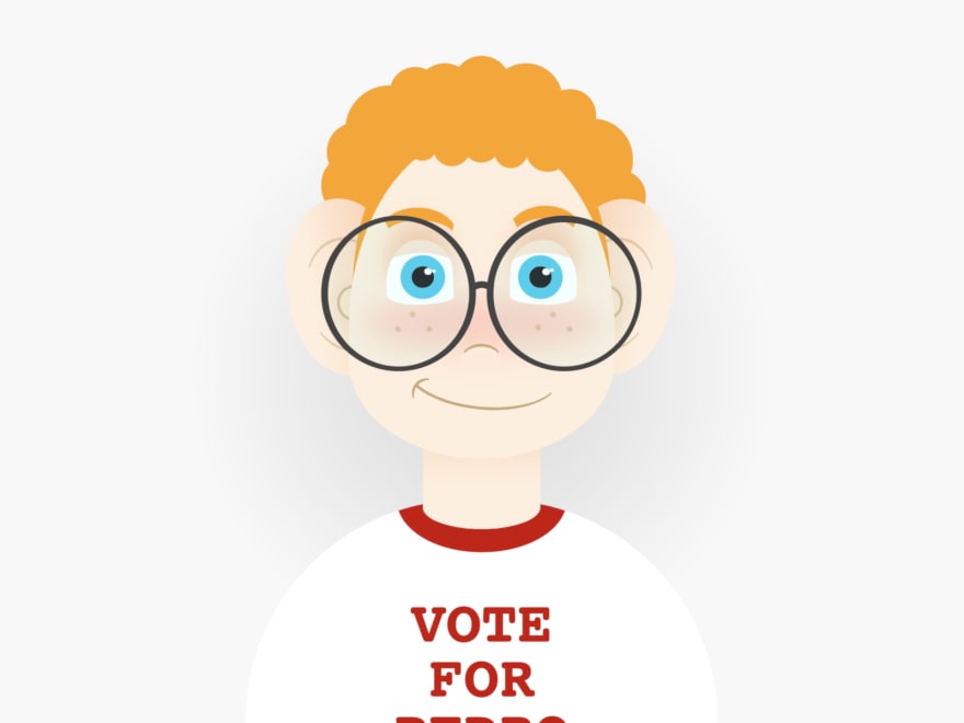 Cartoon of a ginger boy with curly hair, big glasses, and a t-shirt that reads "Vote for Pedro"