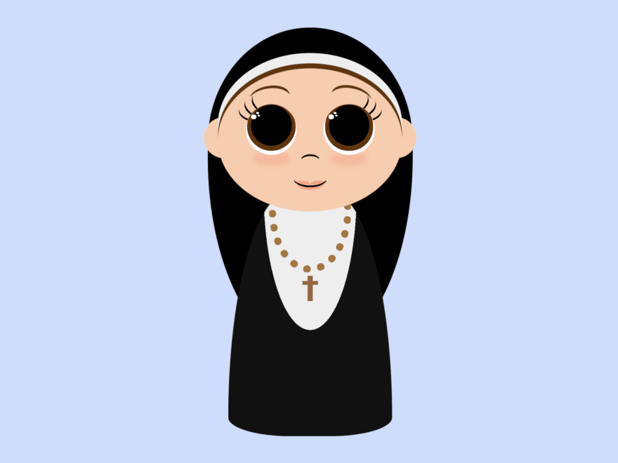 Cartoon of a nun wearing a black and white habit, and with a cross