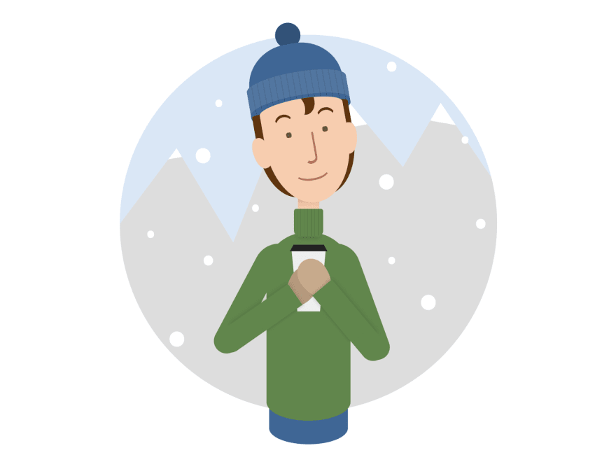 Cartoon of a person wearing winter clothes and holding a coffee paper cup. In the background there's snow and icy mountains