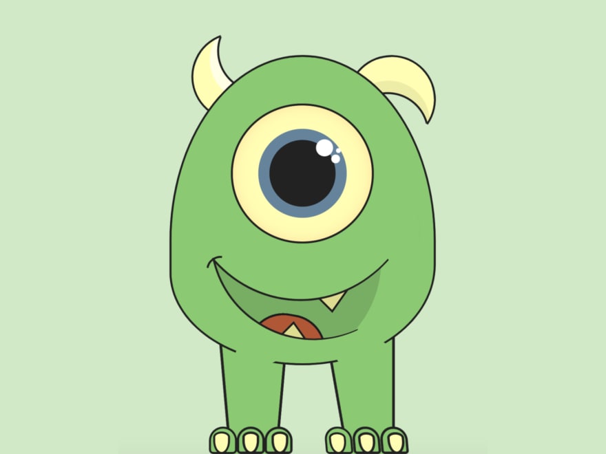 Cartoon of a smiling monster with a big head/body, one eye only, no arms, two legs, and two horns