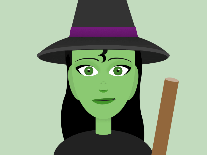 A smiling witch with green skin with a pointy hat holding a broom
