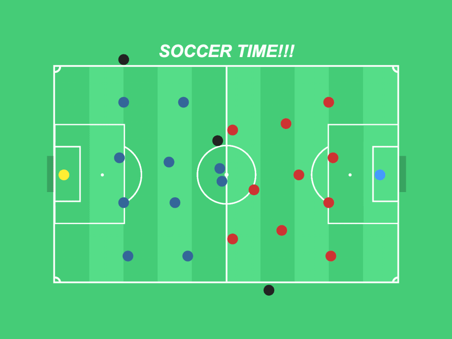 Illustration of a soccer field from the top. The players and referees are dots, the team on the left is following a 4-4-2 tactic, while the team on the right has a 4-3-3