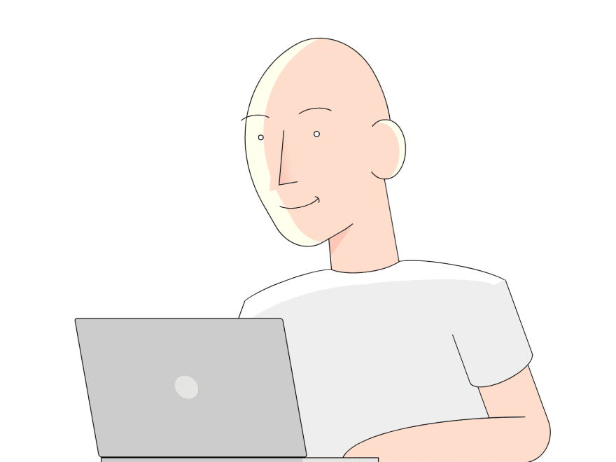 Cartoon of a man wearing a t-shirt and working on a laptop