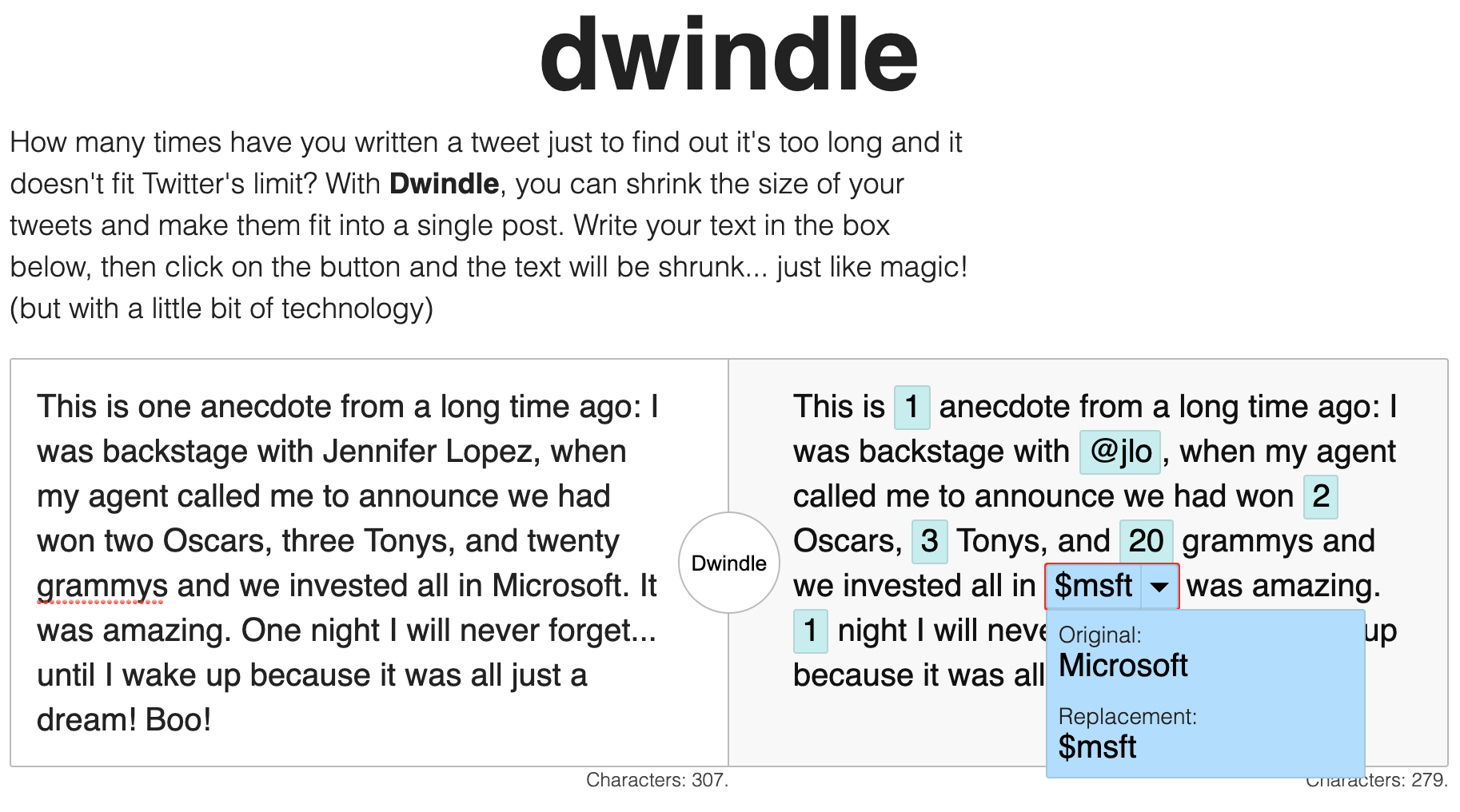 Screenshot of dwindle after replacing some text, the translated part is plain text but the replaced words are now highlighted and boxed, and one of the is active with a popup