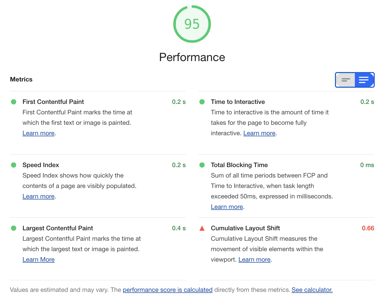 Screenshot of Lighthouse performance report, with the value at 95 and descriptions of the good/bad performance features