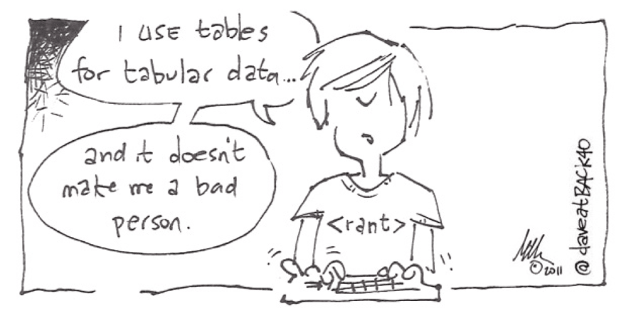 Cartoon of a developer saying: I use tables for tabular data... and it doesn't make me a bad person