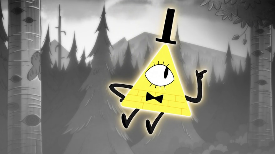 Bill cipher, a triangle with one eye, arms and legs, floating over a forest
