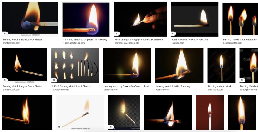 Screenshot of Google results for the term "burning match"