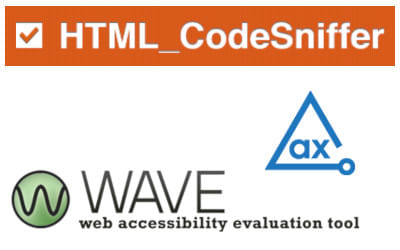 Logos of HTML_CodeSniffer, WebAIM Wave, and Axe