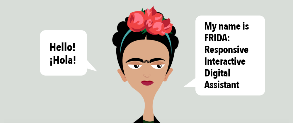 A cartoon of Frida Kahlo saying Hello! Hola!