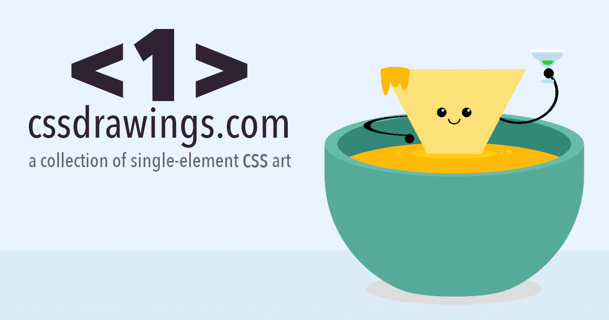 A nacho bathing in hot queso next to the title cssdrawings.com a collection of single-element CSS art.