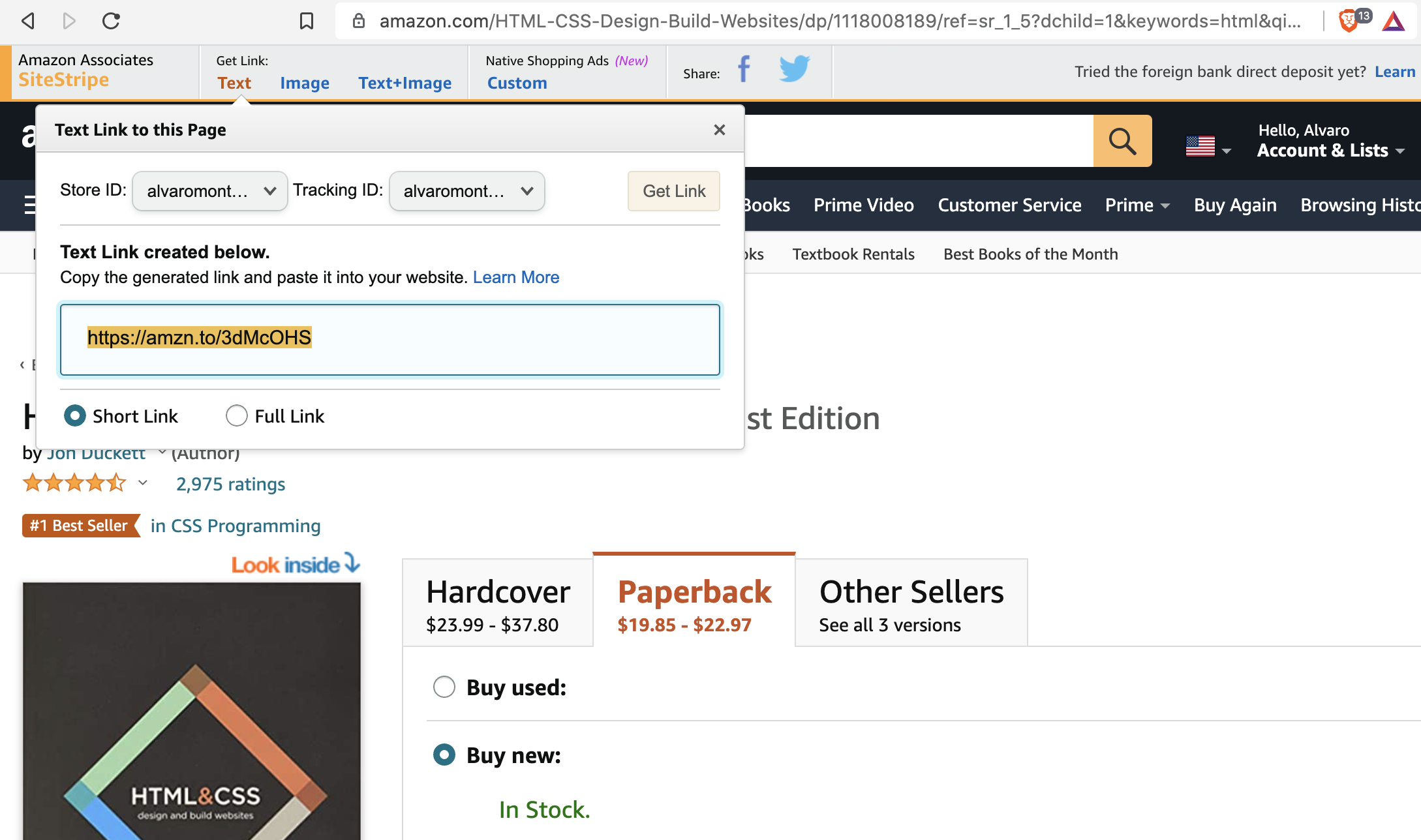 Screenshot of Amazon HTML+CSS book, with the affiliate bar on top
