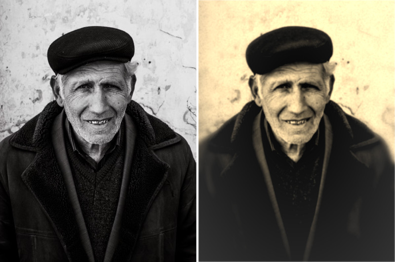 Same photo side by side, one looks modern the other one looks old-style, showing an old white man smiling