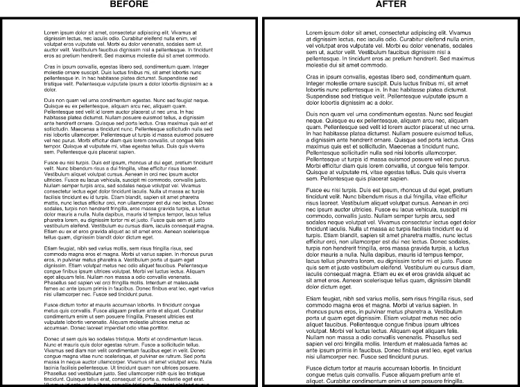 side by side comparison. Left (before): column with text. Right (after): column with text at a larger size.