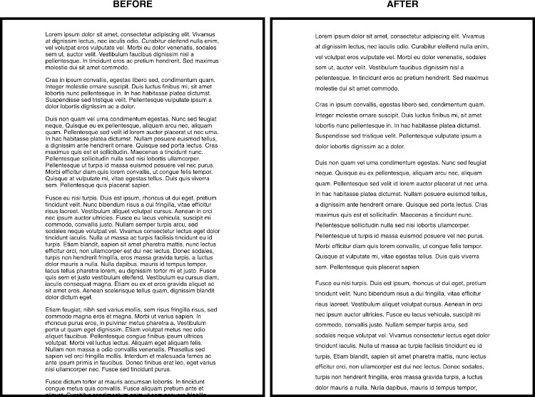 side by side comparison. Left (before): column with text. Right (after): column with text (more spaced).