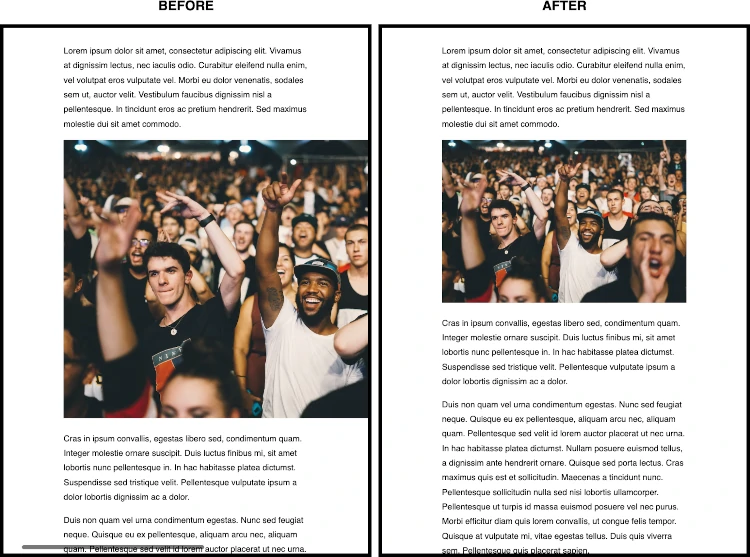 side by side comparison. Left (before): an image overflows the content size causing scrollbars to appear. Right (after): the image adjust to the content size.