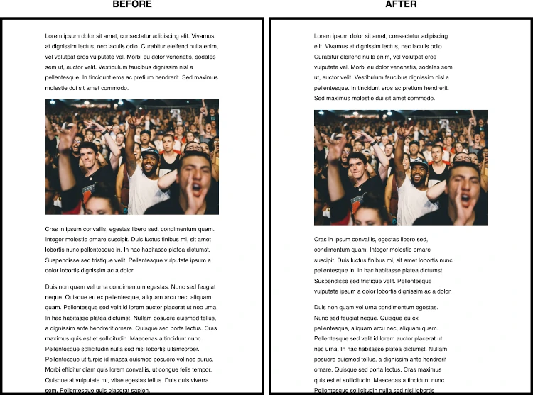 side by side comparison. Left (before): the text occupies the whole width. Right (after): the text occupies most of the width.