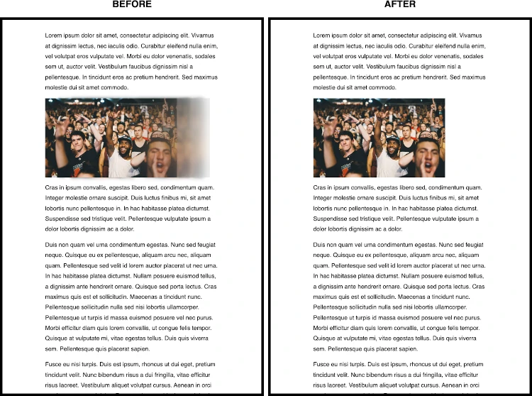 side by side comparison. Left (before): an image moves over a web page. Right (after): the image is static.