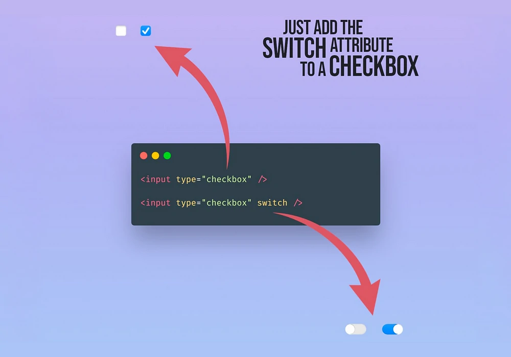 Just add the switch attribute to a checkbox. There is some HTML code in a box: With arrows pointing to checkboxes (from the first line of code) and toggle switches (from the second line of code)